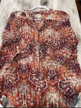 Anthropologie Fig and Flo Rust Orange Brown Multicolor Printed Button-Up Blouse
